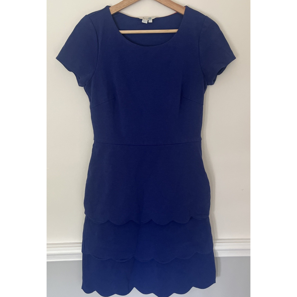 Boden Sz 4L Short Sleeve Tiered Scallop Hem Dress Royal Blue Cotton Blend